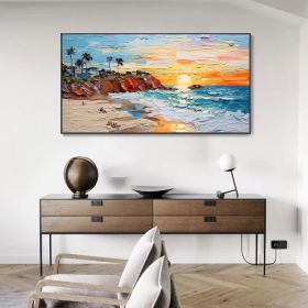Hand Painted Oil Painting Abstract Seaside Landscape Palette Knife Art Impressionist Island Beach Scene Mural Sunrise Over Sea Artwork 3D Wall Art Per (style: 01, size: 150x220cm)